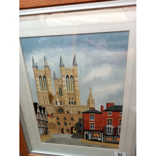 53 - A framed and glazed watercolour of Lincoln Cathederal from Castle Square COLLECT ONLY