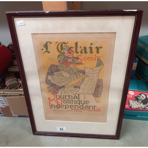 62 - A framed and glazed French Advertising poster L'eclair 5 cent