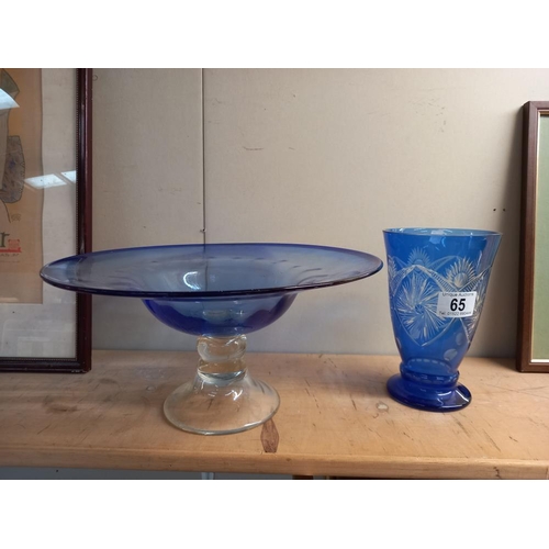 65 - A large blue bowl and an overlaid blue vase. COLLECT ONLY