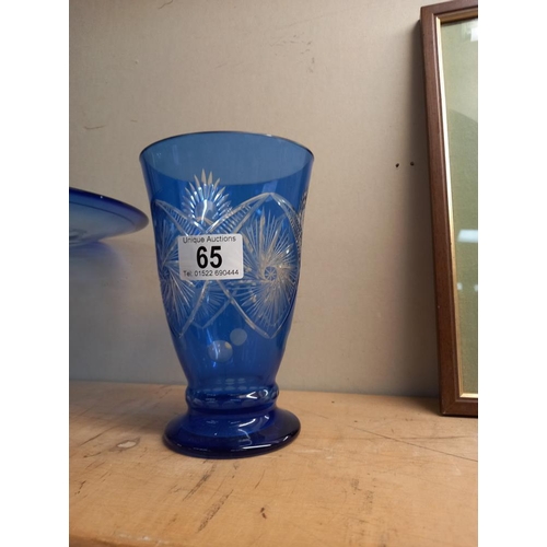 65 - A large blue bowl and an overlaid blue vase. COLLECT ONLY