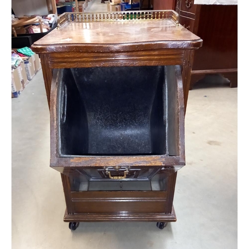 7 - An Edwardian oak coal purdonium with classical brass galley, height 55cm - COLLECT ONLY