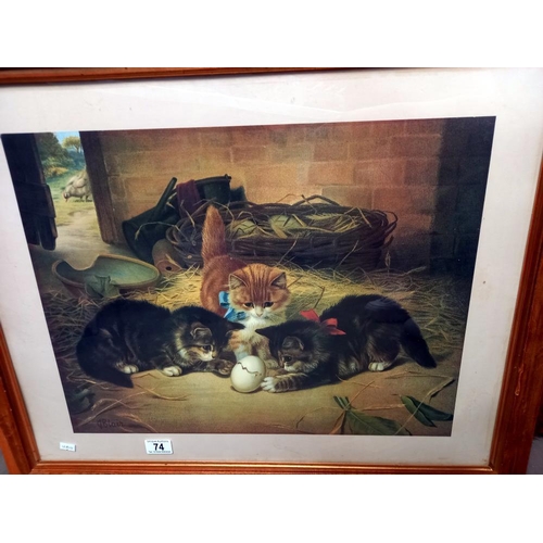 74 - A framed and glazed print of kittens playing with an egg in a barn, COLLECT ONLY