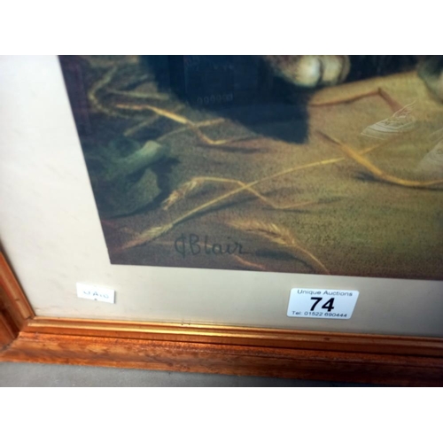 74 - A framed and glazed print of kittens playing with an egg in a barn, COLLECT ONLY