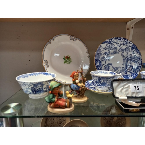 75 - A mixed lot of pottery, porcelain, red Mikado Hummel figures, silver spoon, cabinet plate