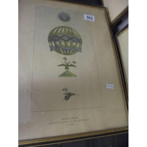 502 - Six framed and glazed German prints featuring hot air balloons dated 1785-1817. COLLECT ONLY.