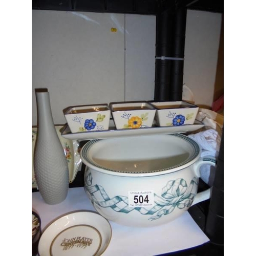 504 - A mixed lot of ceramics including Chamber pot, large jug, plant pots etc., COLLECT ONLY.