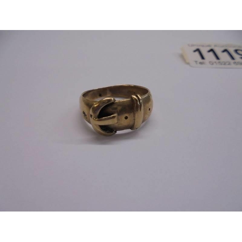 1119 - A 9ct gold buckle ring size Q and a 9ct gold wedding ring size T, 7.8 grams total.