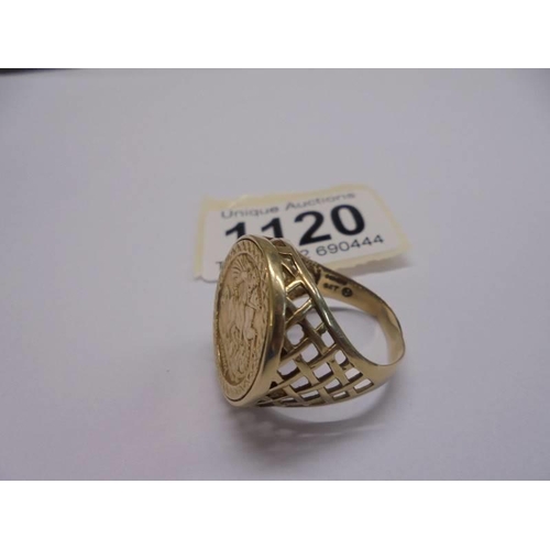 1120 - A 9ct gold st. George ring, size S, 4.4 grams.