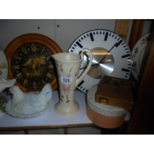 528 - Three modern wall clocks, a hen dish, a duck figure etc., COLLECT ONLY.