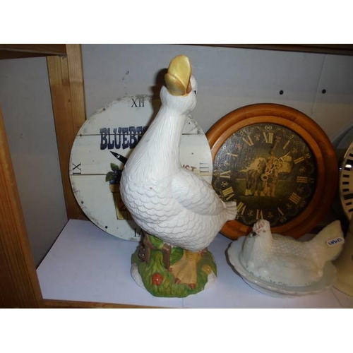 528 - Three modern wall clocks, a hen dish, a duck figure etc., COLLECT ONLY.