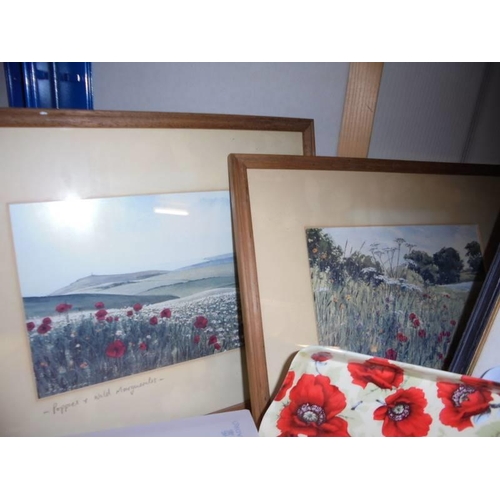 551 - Four framed and glazed pictures relating to poppies and other items. COLLECT ONLY.