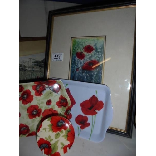 551 - Four framed and glazed pictures relating to poppies and other items. COLLECT ONLY.