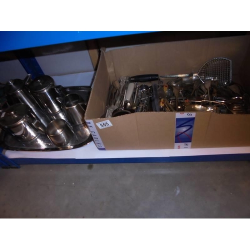 555 - A large box of assorted cutlery and a stainless steel tea set on tray, COLLECT ONLY.