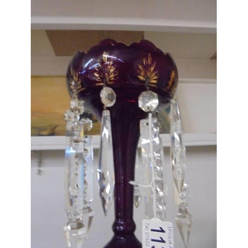 1134 - A  Victorian ruby glass lustre with gold decoration, 33 cm tall.. COLLECT ONLY.