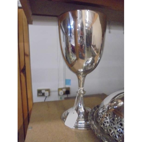 1145 - A silverplate goblet, sugar sifter and butter dish with cow knob.