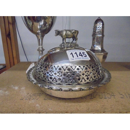 1145 - A silverplate goblet, sugar sifter and butter dish with cow knob.