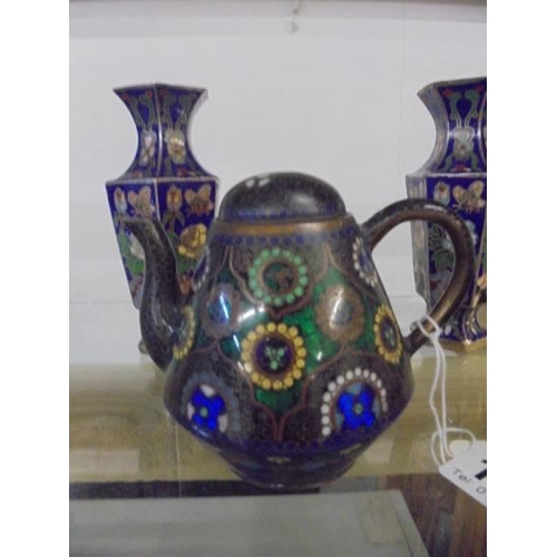 1156 - A pair of Chinese Cloissonne vases and a Cloissonne teapot.