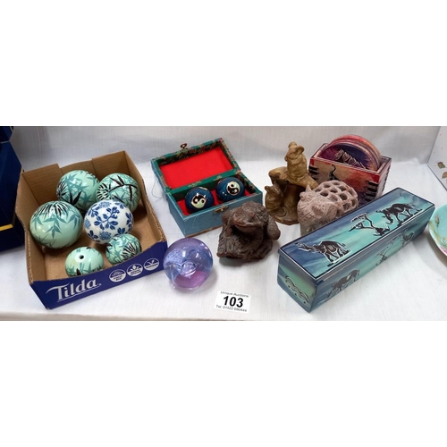 103 - Quantity of cloisonne balls, paperweight, china pencil box, coasters etc