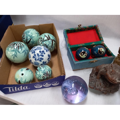 103 - Quantity of cloisonne balls, paperweight, china pencil box, coasters etc