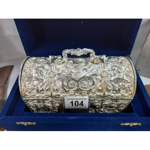 104 - A cased ornate silver plated jewellery casket hand made in Jordan (middle East)