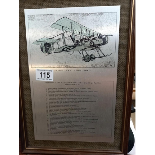 115 - 2 brass aeroplanes and a framed metal sign 'first set of rules'