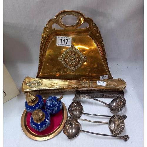 117 - A vintage brass crumb pan and brush, old nutcracker, condiment set, etc