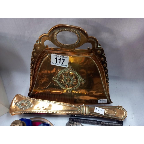 117 - A vintage brass crumb pan and brush, old nutcracker, condiment set, etc