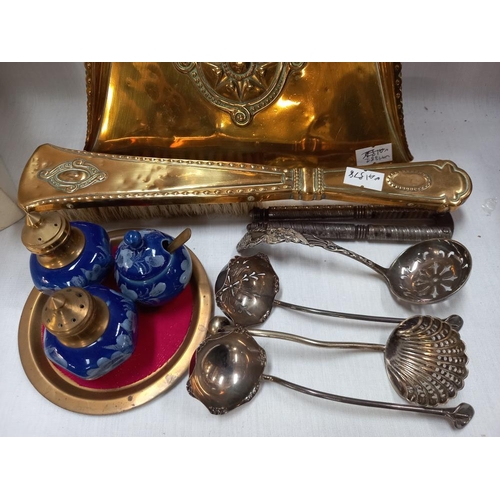 117 - A vintage brass crumb pan and brush, old nutcracker, condiment set, etc