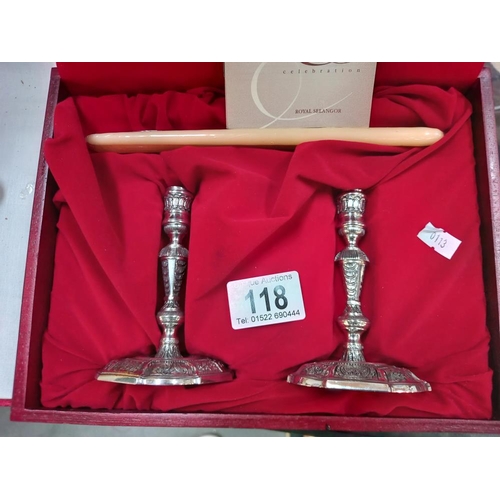 118 - A boxed Royal Selangor pewter pair of taper stick candlesticks