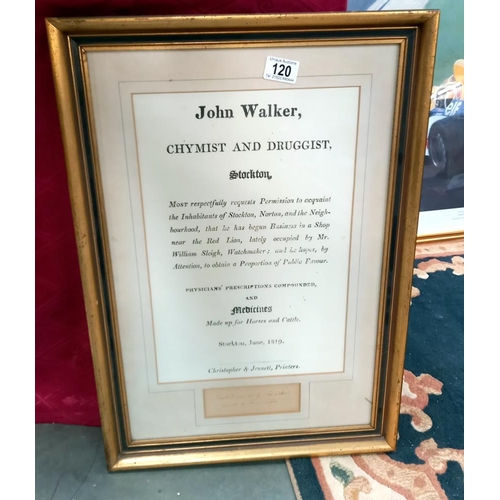 120 - A John Walker framed and glazed chymist and druggist (Stockton) advertising letter, signed COLLECT O... 