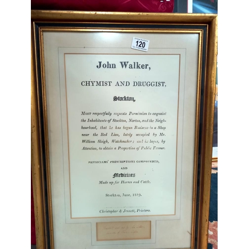 120 - A John Walker framed and glazed chymist and druggist (Stockton) advertising letter, signed COLLECT O... 