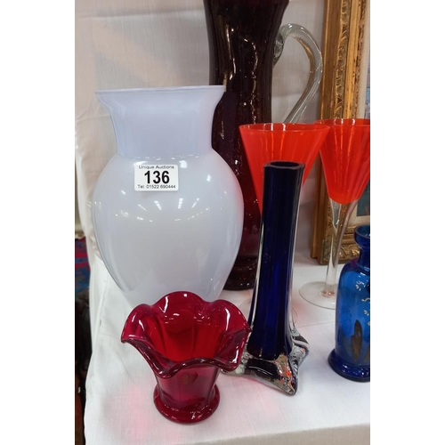 136 - A selection of coloured glass including a pair of spill vases etc