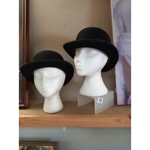 176 - 2 bowler hats by H Pearson, Kirkgate, Newark size 6 and 5/8ths and Ernest Randall Neward size 6 and ... 