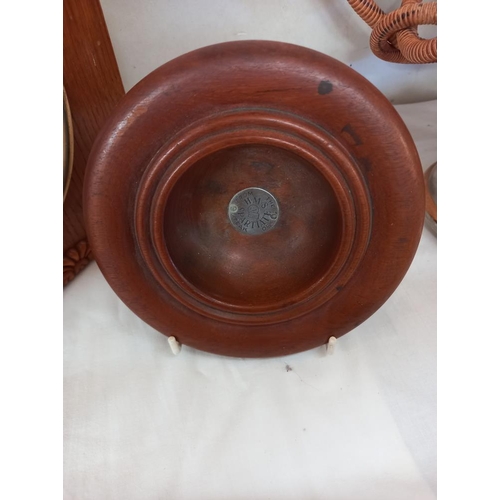 179 - A 1930's oak mantle clock, no pendulum and a bowl made of teak from HMS Spartiate