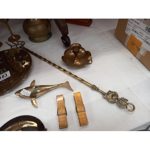 183 - A Victorian jam pan and other brassware including horse brasses, Lincoln Imp toasting fork etc