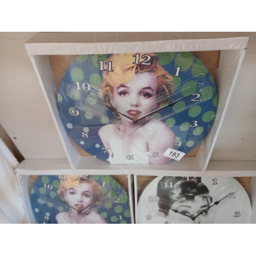 193 - 2 Marilyn Monroe clocks and 1 Audrey Hepburn (all sealed)