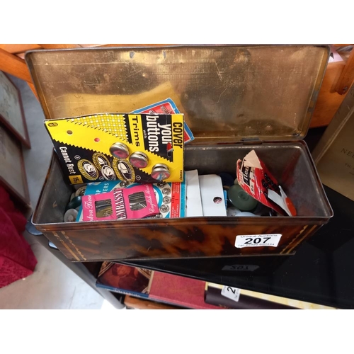 207 - A vintage concertina sewing box and contents etc