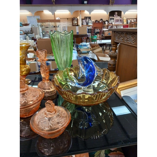 208 - A selection of coloured glass including art deco pink trinket set, celery vase, carnival glass bowl ... 