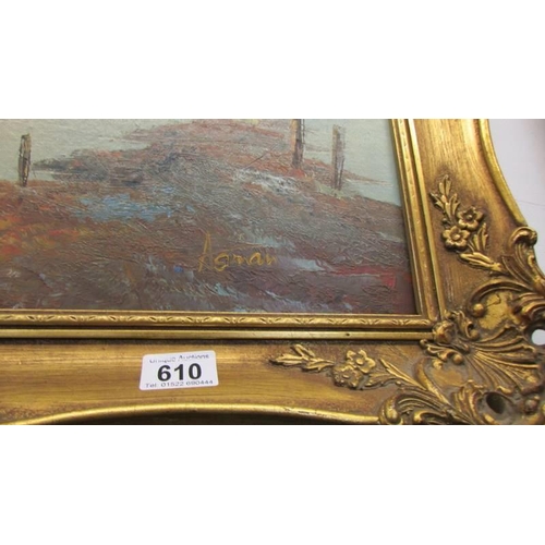 610 - A gilt framed oil on board coastal scene, COLLECT ONLY.