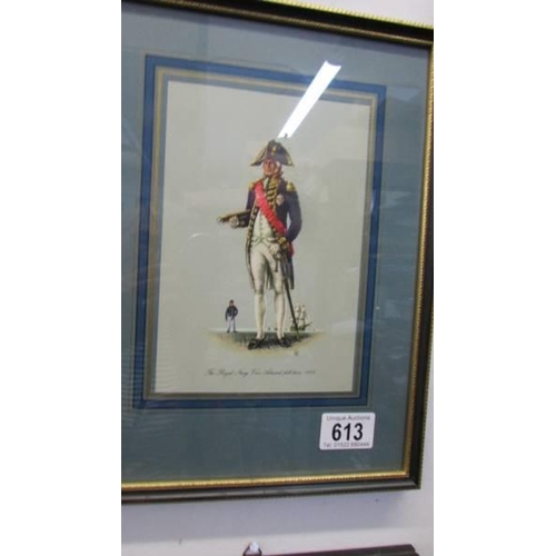 613 - A set of four framed and glazed military uniform prints, COLLECT ONLY.