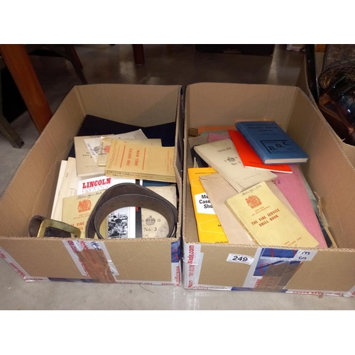 249 - 2 boxes of vintage books on fire safety, leather fireman's belt with brass buckle, 2 albums of drivi... 