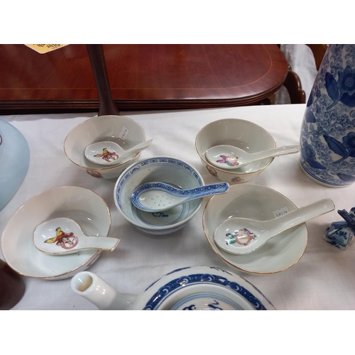 255 - Blue and white Chinese teapots, soup bowls, spoons etc