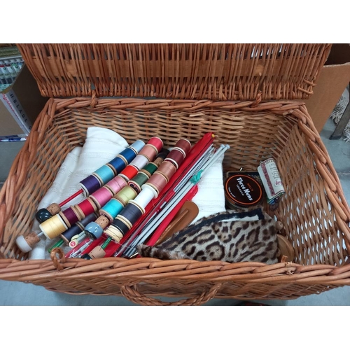 265 - A wicker basket containing needlework and sewing items COLLECT ONLY