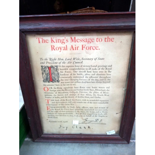 267 - An oak framed 1918 The Kings message to the RAF and an early 20c cake plate depicting Lieut' JDP Fre... 