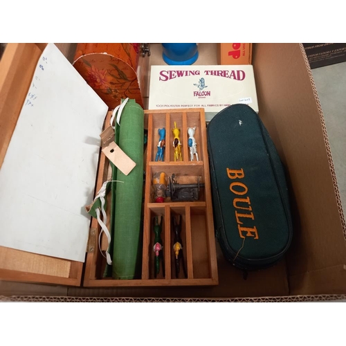 283 - A box of miscellaneous including Escalado type horse racing game (missing 1 horse), plus Russian dol... 