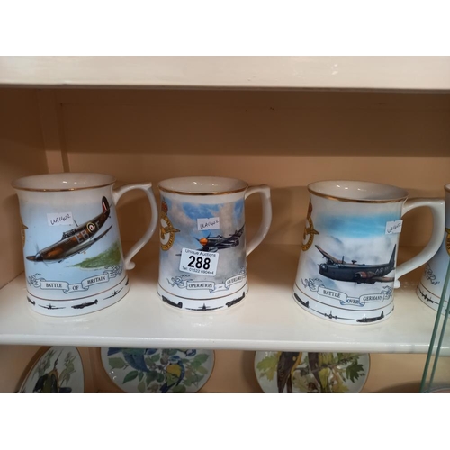 288 - 6 Battle of  Britain tankards by Gordon Davies and a quantity of collectors cabinet plates on  shelv... 