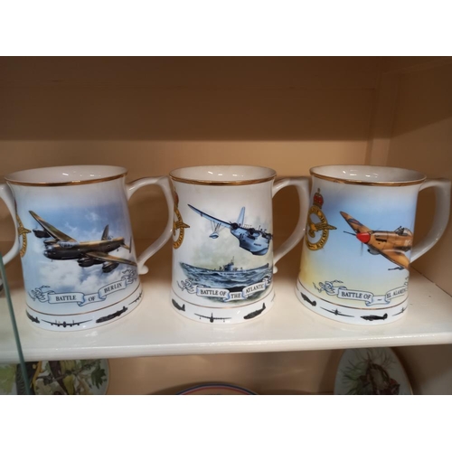 288 - 6 Battle of  Britain tankards by Gordon Davies and a quantity of collectors cabinet plates on  shelv... 