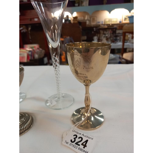 324 - A pair of tall air twist stem glasses and 3 silver plated goblets