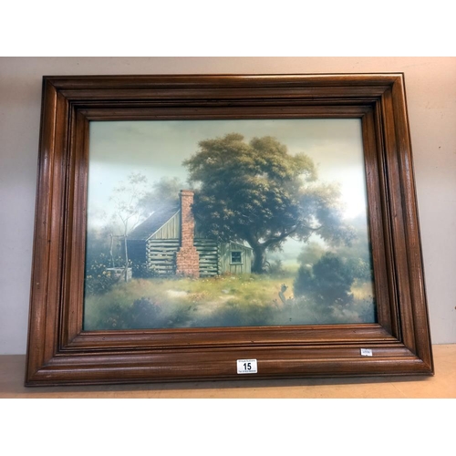 15 - A large dark wood framed print of a log cabin under a tree