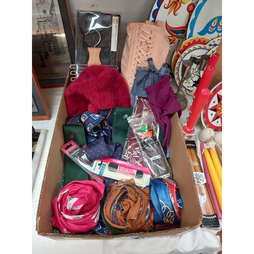 27 - A quantity of ties, silk scarves, hat and gloves, tie hanger etc